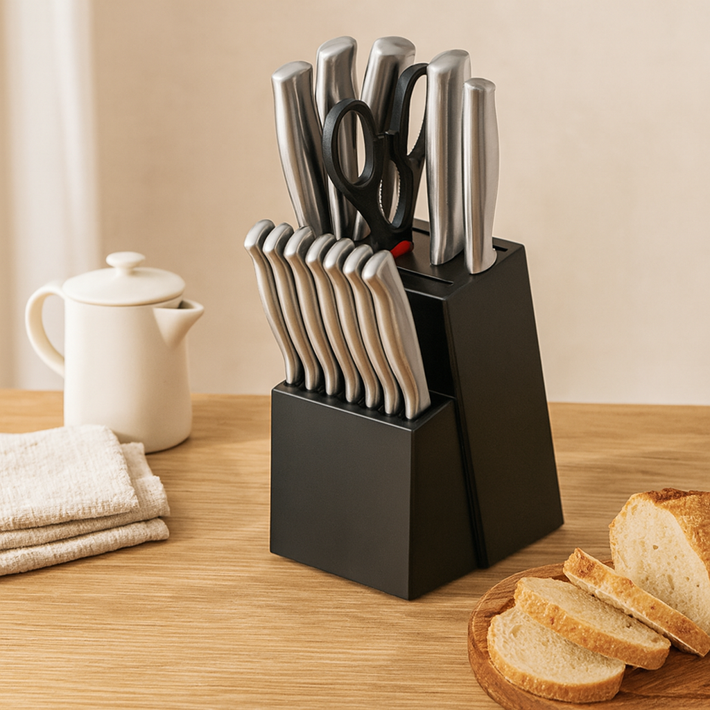 Sande | 14-teiliges Küchenwerkzeugset aus Edelstahl mit Massivholzblock