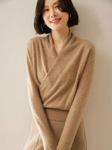 Laura | Damen Eleganter Wickelpullover Mit Überkreuztem Design – Kamel