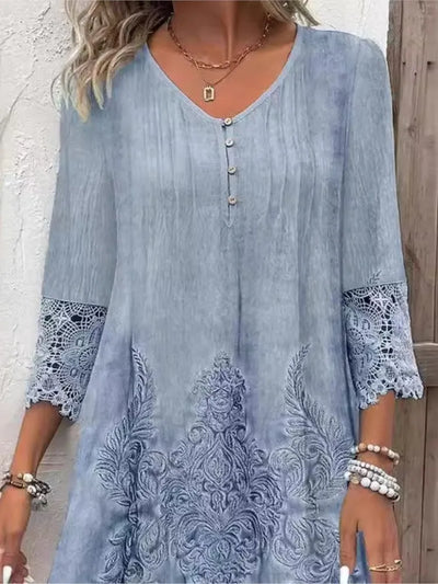 Sommerkleid Mit 3/4 Ärmeln Und V-ausschnitt Für Damen | Midi