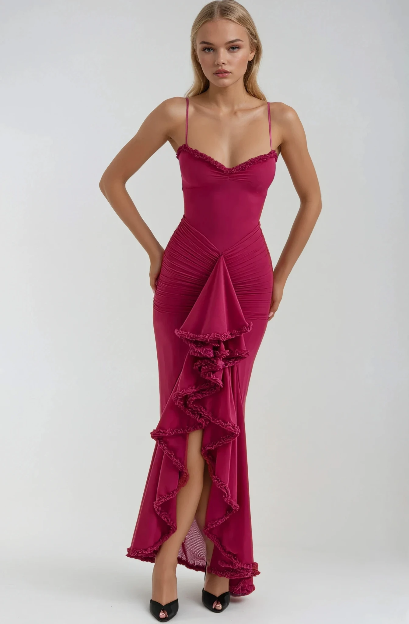 Damen Elegantes Rüschensaum Hochzeitsgast Kleid | Maxi