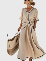 Bianca | Damen Drapiertes Küsten Maxikleid – Drapiertes Maxi Küste Sommer 2026 – Beige
