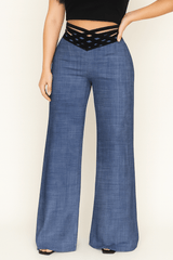 Schlaghose Damen | Hoher Bund & Cut-out Taillen-Detail – Blau