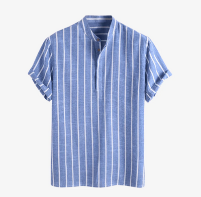 Thomas | Blau gestreiftes Herren Sommer Henley Leinenhemd