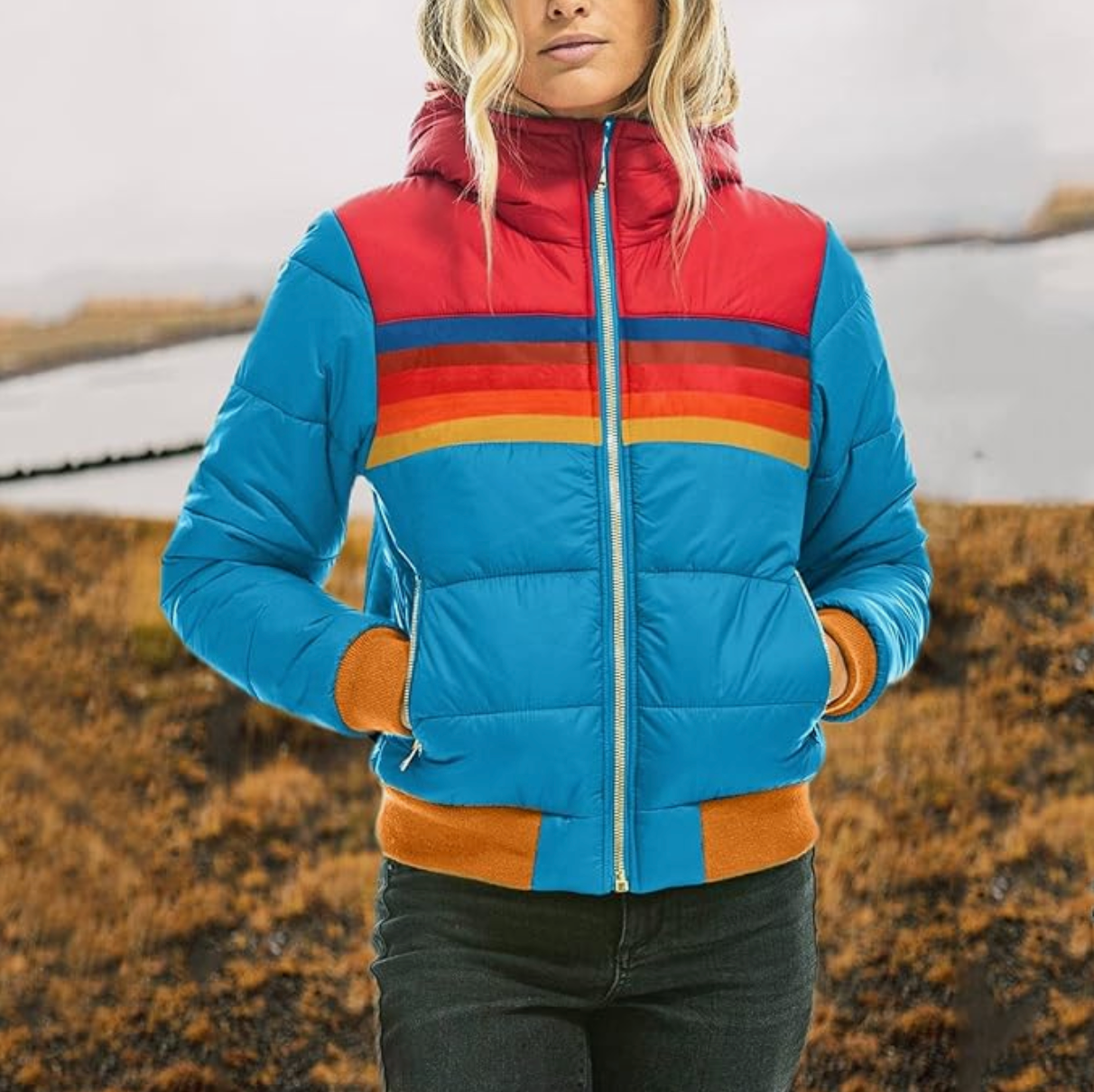 Gestreifte Retro-Pufferjacke für Damen mit Reißverschluss auf der Vorderseite