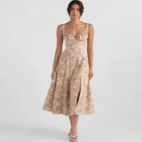 Linsay Blumenkleid – Midi-Kleid mit Korsett & Seitenschlitz – Rosenholz