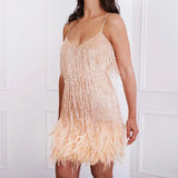 Claudia | Damen Cocktailkleid mit Fransen und Federn – Beige