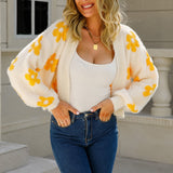 Damen Floral V-Ausschnitt Cropped Cardigan – Beige