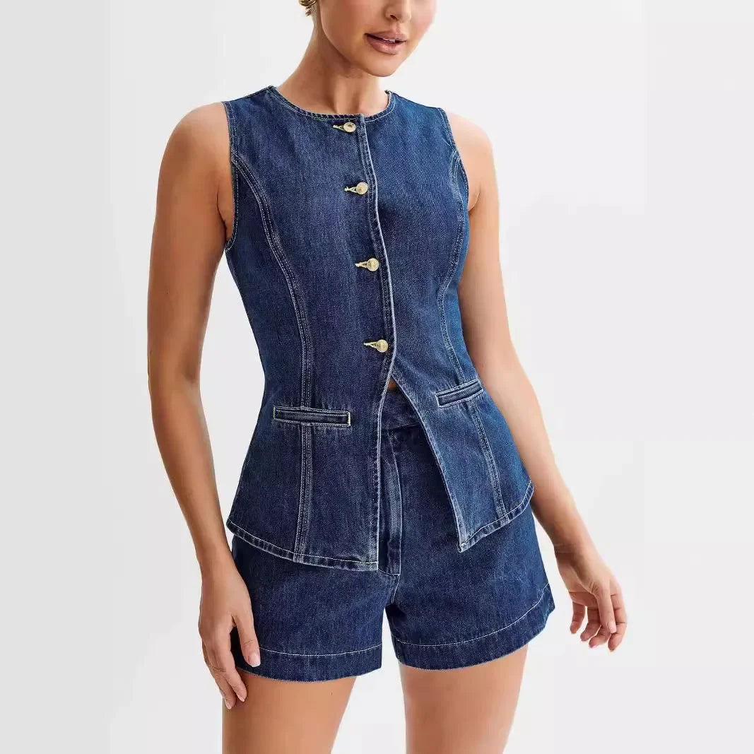 Elena | Stylisches Denim-Zweiteiler-Set mit Weste & Shorts