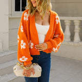 Damen Floral V-Ausschnitt Cropped Cardigan – Orange