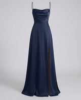 Seiden Maxikleid Damen | Drapierter Ausschnitt & Eleganter Beinschlitz – Dunkelblau