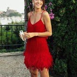Claudia | Damen Cocktailkleid mit Fransen und Federn – Rot