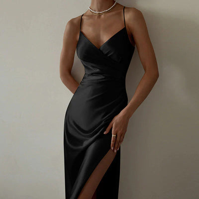 Damen Abendkleid aus Satin mit hohem Schlitz – Elegant, figurbetont, für festliche Anlässe