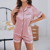 Sommer Pyjama Damen | Luxuriöses Satin-Look Set & Elegante Kontrastpaspeln – Rosa