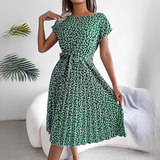 Sommerkleid Damen | Plissiertes Midi mit Bindegürtel & Blumenmuster – Grün