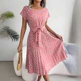 Sommerkleid Damen | Plissiertes Midi mit Bindegürtel & Blumenmuster – Rosa