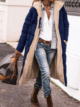 Steppmantel Damen Lang mit Teddyfutter und Kapuze – Marineblau