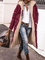 Steppmantel Damen Lang mit Teddyfutter und Kapuze – Rot