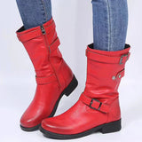 Stiefel Damen im Bikerstil mit Schnallen – Rot