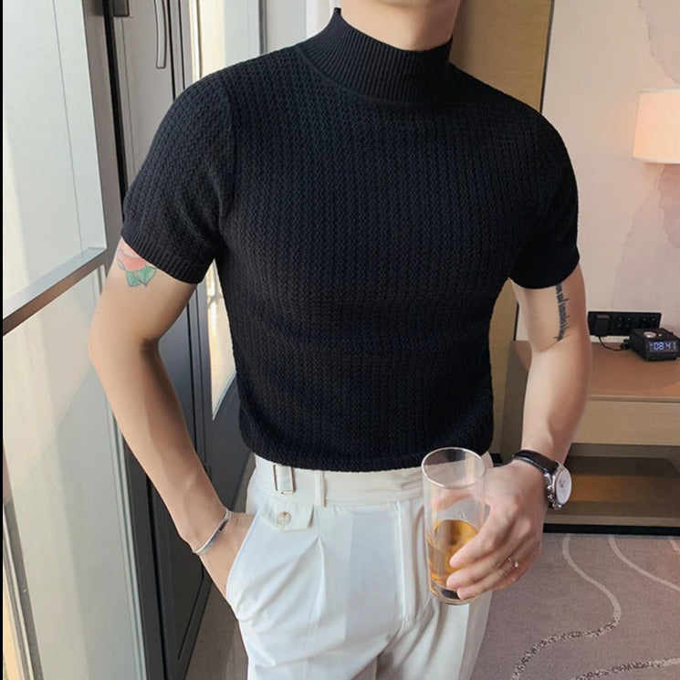 Strick-T-Shirt | Hoher Kragen | Kurzarm | Rollkragen-T-Shirt | Herrenbekleidung