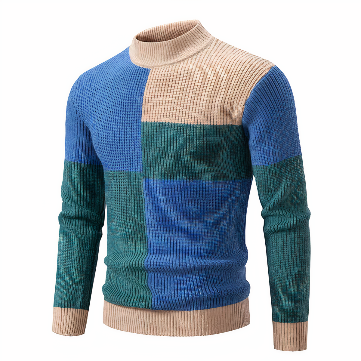 Strickpullover – schmal geschnittener Herren-Pullover mit hohem Kragen und Patchworkmuster