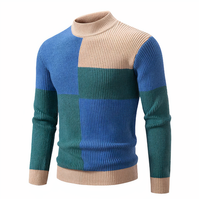 Strickpullover – schmal geschnittener Herren-Pullover mit hohem Kragen und Patchworkmuster