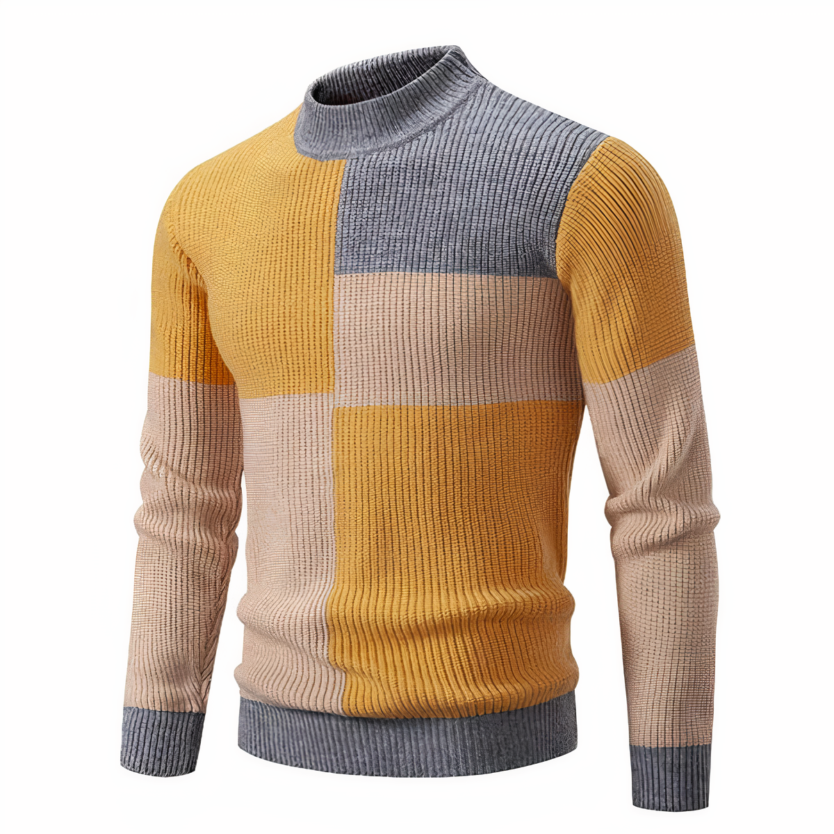 Strickpullover – schmal geschnittener Herren-Pullover mit hohem Kragen und Patchworkmuster