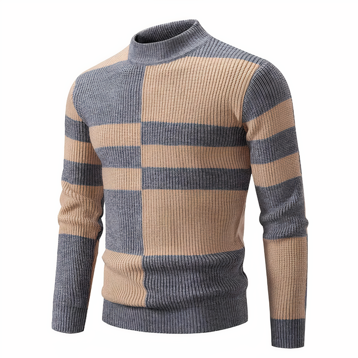 Strickpullover – schmal geschnittener Herren-Pullover mit hohem Kragen und Patchworkmuster