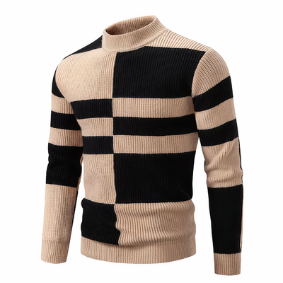 Strickpullover – schmal geschnittener Herren-Pullover mit hohem Kragen und Patchworkmuster