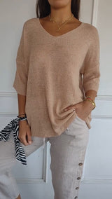 Strickpullover Damen V-Ausschnitt Atmungsaktiv Vielseitig – Aprikose