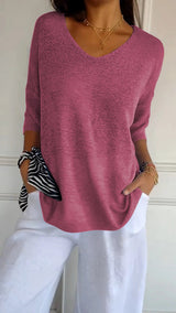 Strickpullover Damen V-Ausschnitt Atmungsaktiv Vielseitig – Rosa Rot