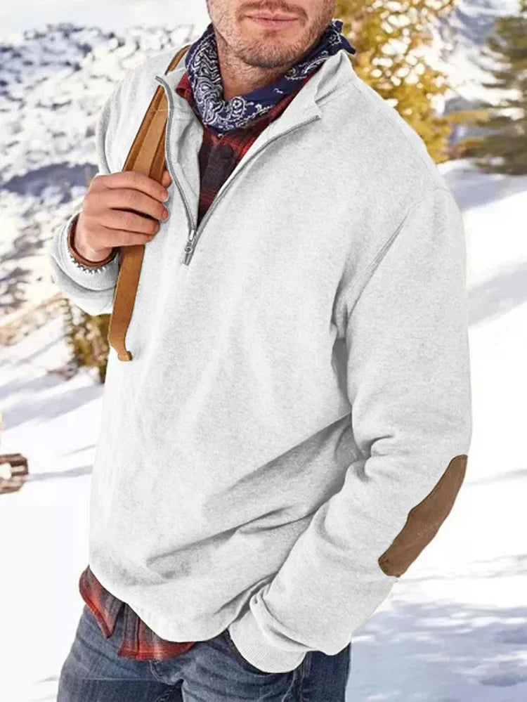 Sweatshirt mit Reißverschluss | Lässig | Ellbogen-Aufnäher | Sweatshirt mit halbem Reißverschluss | Herrenbekleidung