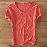 T-Shirt Herren | V-Ausschnitt Leinen-Look Basic Slim Fit Kurzarm – Rot