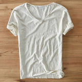 T-Shirt Herren | V-Ausschnitt Leinen-Look Basic Slim Fit Kurzarm – Beige