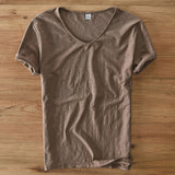 T-Shirt Herren | V-Ausschnitt Leinen-Look Basic Slim Fit Kurzarm – Braun