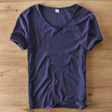 T-Shirt Herren | V-Ausschnitt Leinen-Look Basic Slim Fit Kurzarm – Dunkelblau
