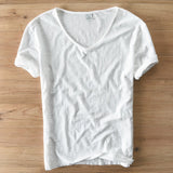 T-Shirt Herren | V-Ausschnitt Leinen-Look Basic Slim Fit Kurzarm – Weiß