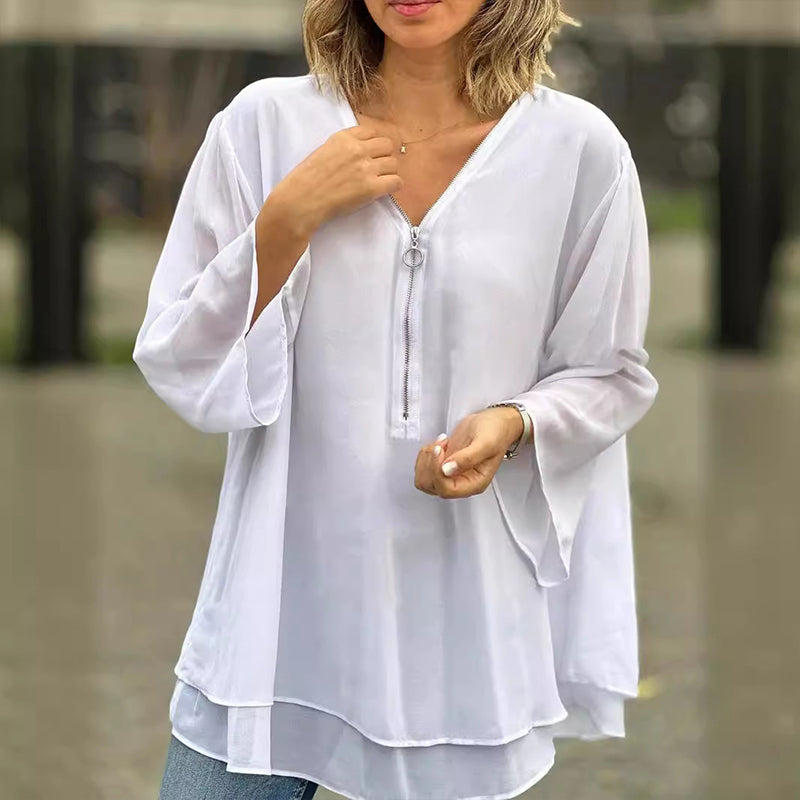 Elegantes Damen Chiffon-Top mit V-Ausschnitt und Reißverschluss