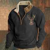 Walter | Herren Winter Fleece Pullover mit Hirschmotiv und Reißverschlusskragen – Schwarz