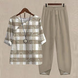 Damen Zweiteiliges Set mit Rundhals und Kurzarm – Khaki