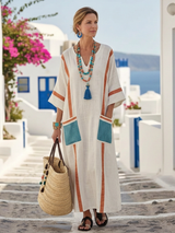 Maxikleid mit V-Ausschnitt für Damen – Halbarm, mit Tasche, lässig-eleganter Stil – Orange