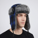 Trappermütze mit Ohrklappen - winddicht und warm – Blau Kariert
