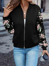 Übergangsjacke Damen | Bomberjacke Damen | Blumenprint-Ärmel & Zipper für schnellen Style – Schwarz