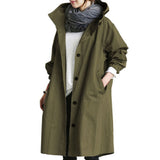 Übergangsjacke Damen | Lange Jacke Damen | Kapuze & Knopfleiste für flexiblen Schutz – Grün