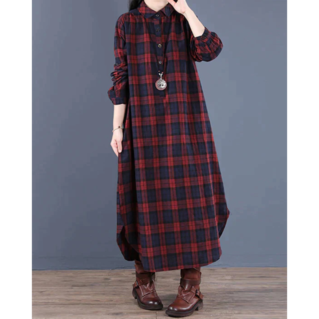 Langärmliges Kariertes Hemdkleid Für Damen | Midi