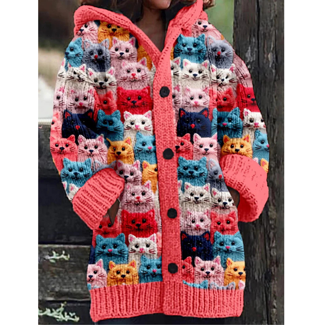 Strickjacke Mit Kapuze Für Damen | Katzendruck