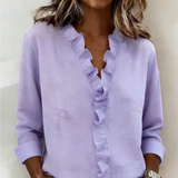 Indie Bluse Damen mit Rüschen, V-Ausschnitt & langen Ärmeln – Lila
