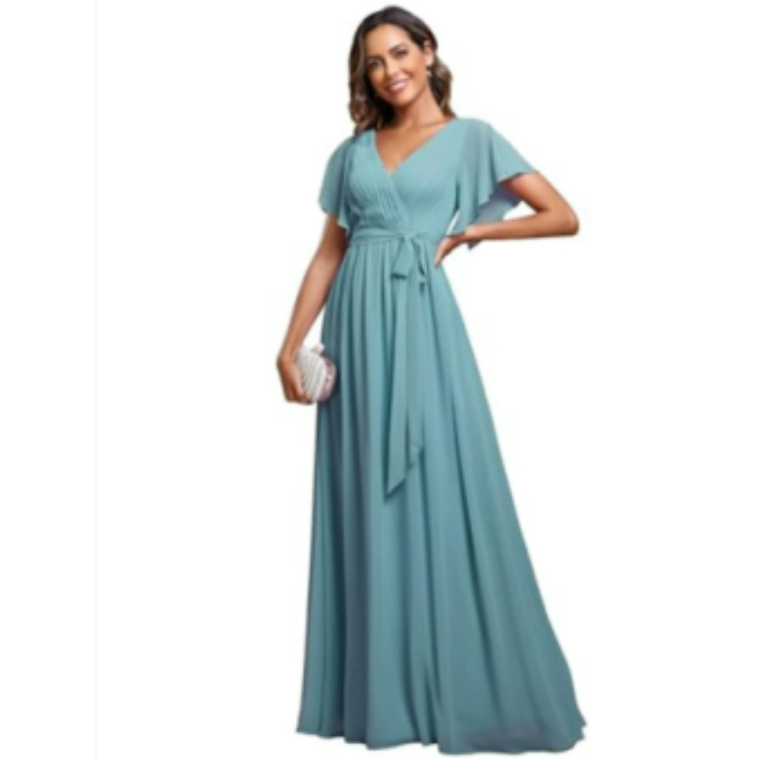 Damen V-Ausschnitt Flatterärmel Kleid | Maxi