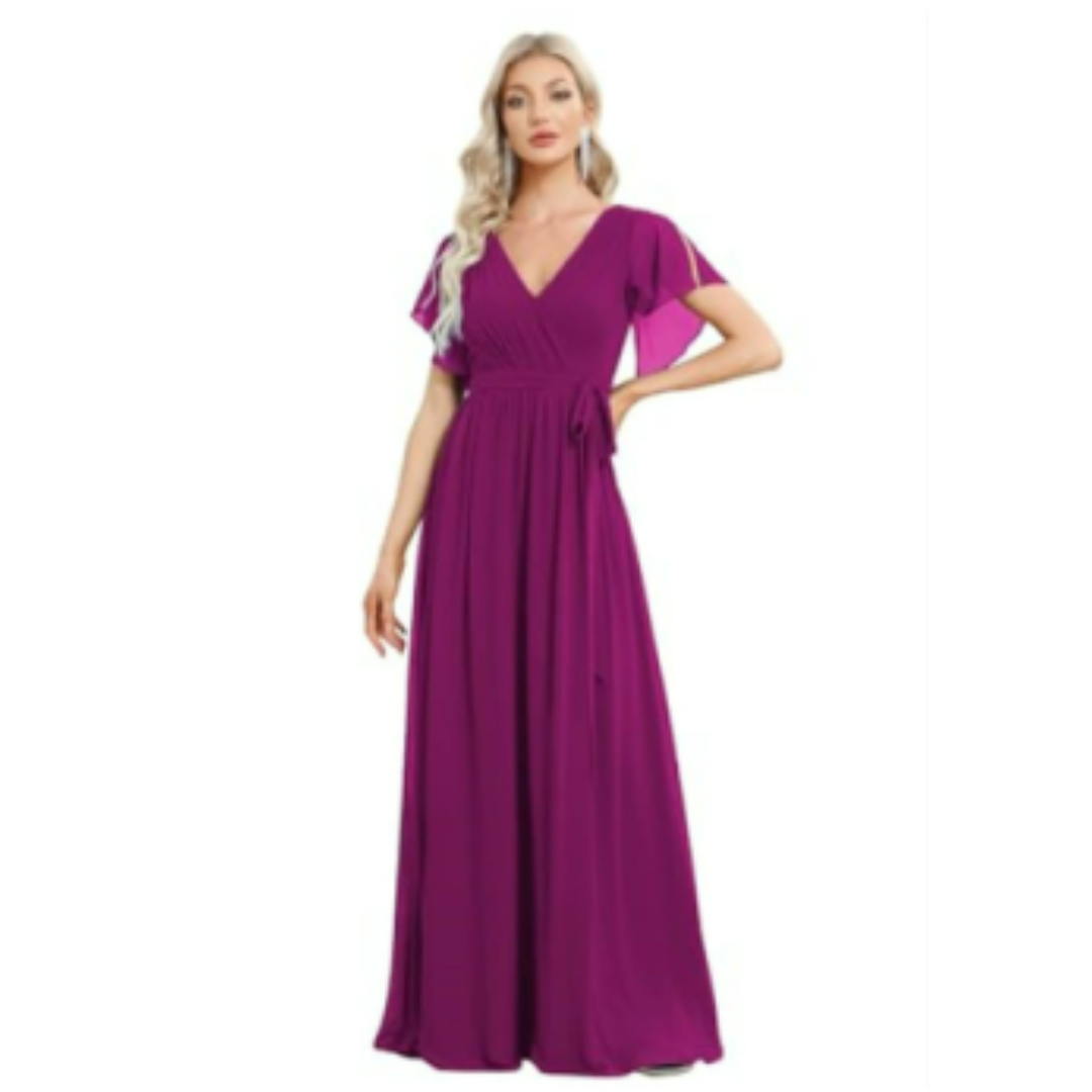 Damen V-Ausschnitt Flatterärmel Kleid | Maxi
