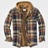 Simon | Herren Patchwork Flanelljacke Winter Gefüttert Kapuze Reißverschluss – Blau Orange