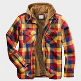 Simon | Herren Patchwork Flanelljacke Winter Gefüttert Kapuze Reißverschluss – Rostfarben Kariert